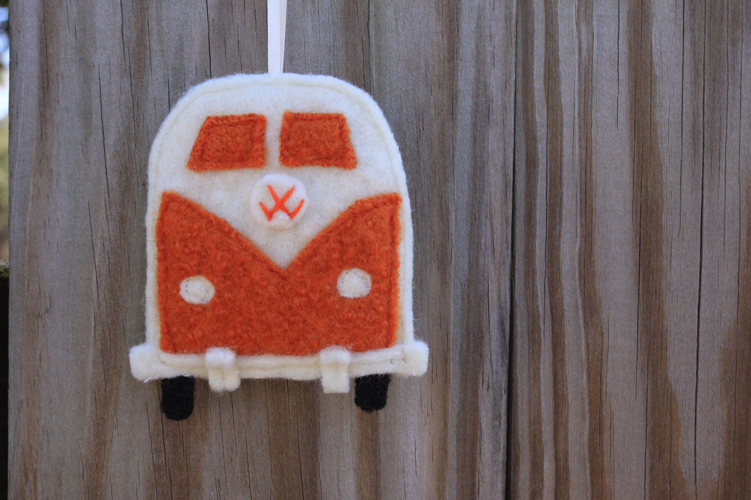 recycled felted wool - orange VW bus ornament