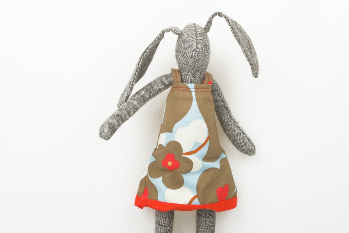 Gray knitted Pure silk rabbit doll - Plush  bunny Wearing Blue & Brown Floral  retro dress -TIMO  handmade fabric doll