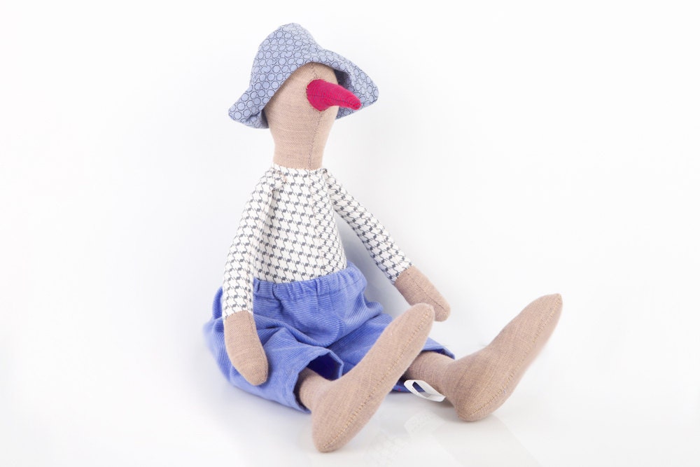 stuffed fabric bird doll softie plush - with Maroon beak Wearing Retro plaid gray shirt and blue corduroy and hat - handmade eco fabric doll