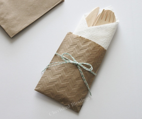Table Settings Wedding 10 Flatware Bags Wooden Utensils Cutlery Rustic Birthday Party Baby Bridal Shower Favors Chevron Paper Goods Il_570xn