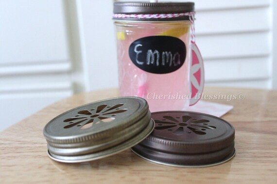 Mason Jar Lids 15 Daisy Cut RUSTIC BRONZE for Tumblers Cups Glasses Table Setting Kids Birthday Wedding Baby Shower Favors w/ straw flags Il_570xn