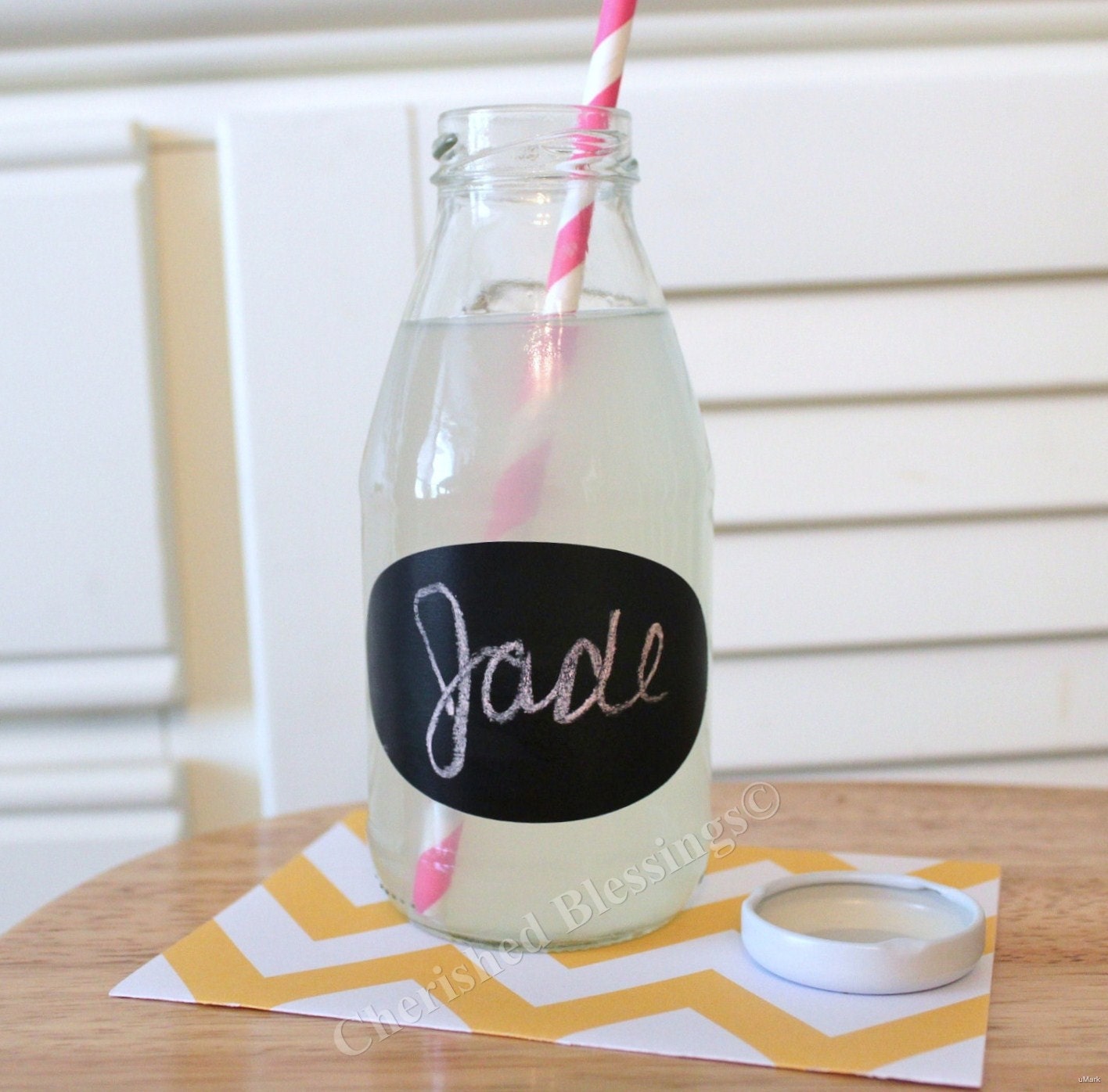 12 Milk Bottles Kids Birthday Party Glass Juice Bottle Table Setting w/ Chalkboard Labels Wedding Bridal Baby Shower 10 oz w/ straw flags Il_570xn