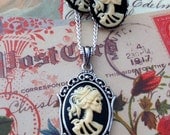 Skeleton Cameo Necklace Earrings Set - Small Lolita Goddess Ivory Black Cameo - Victorian Zombie