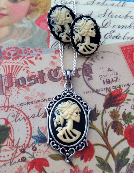 Skeleton Cameo Necklace Earrings Set - Small Lolita Goddess Ivory Black Cameo - Victorian Zombie