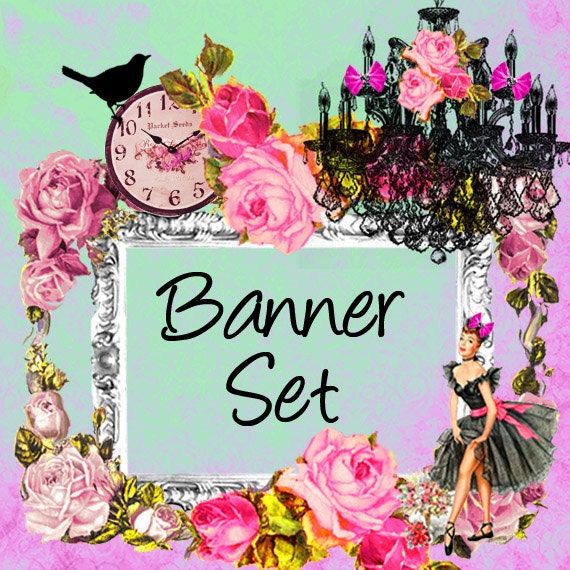 Premade Etsy Shop Banner Avatar Set - Rose flower vintage frame bird girl lady boutique etsy banner set - no432