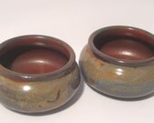 Soup Bowls Set of Two Handmade Pottery Glaze Art Rust Red Earthtone Brown, Blue, Gold