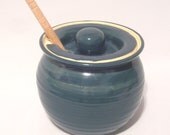 Honey Pot - Jar Canister with Lid and Dipping Stick - Teal Blue/Green - Handmade Pottery