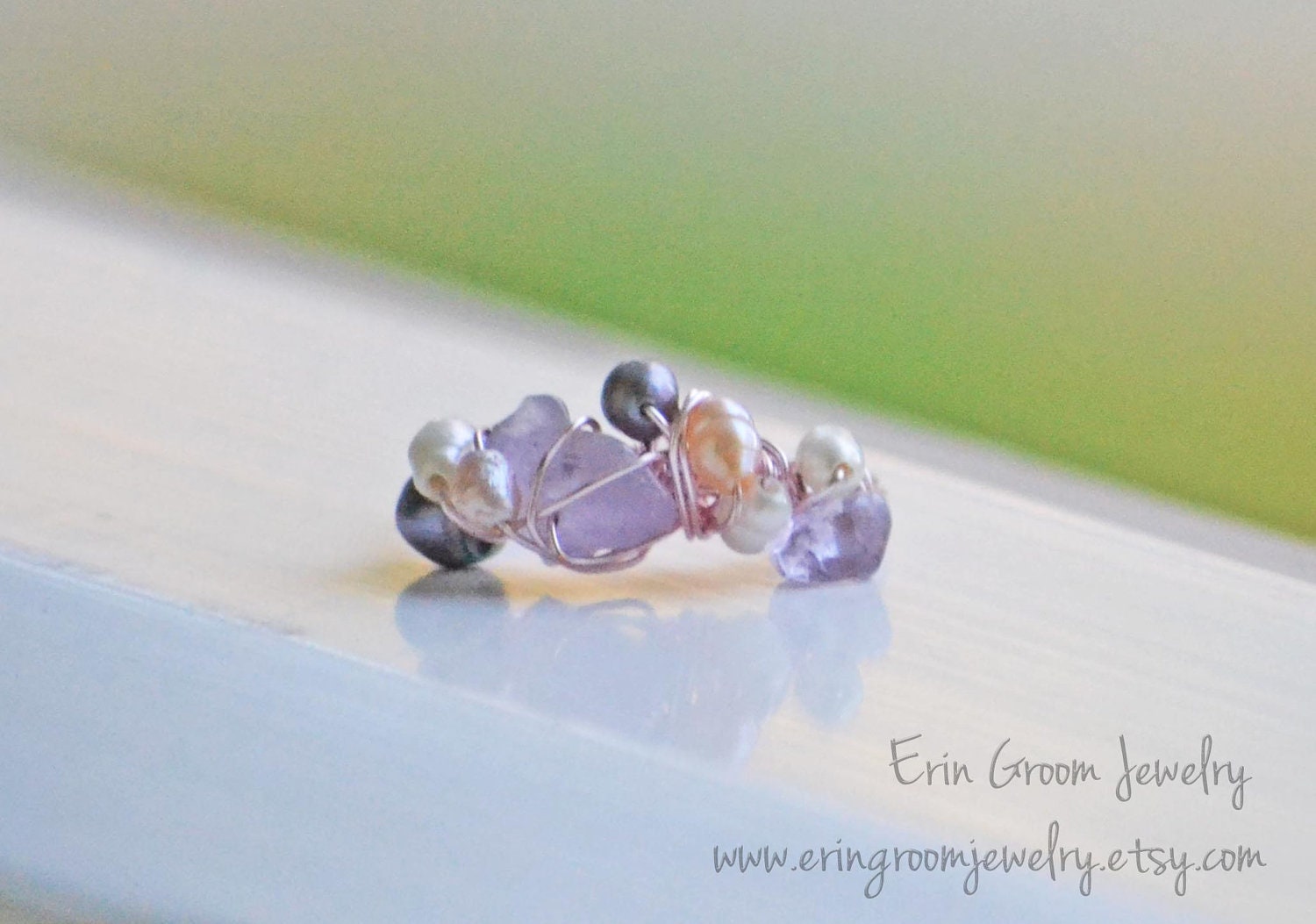 Mermaid Ring - amethyst, rose quartz, freshwater pearl rose gold wire wrapped ring