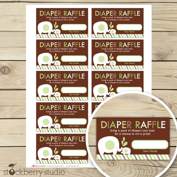 Green and Brown Elephant Baby Shower Diaper Raffle Tickets - Instant Download Il_570xn