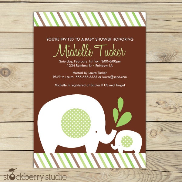 Elephant Baby Shower Printable Invitation Green and Brown Il_570xn