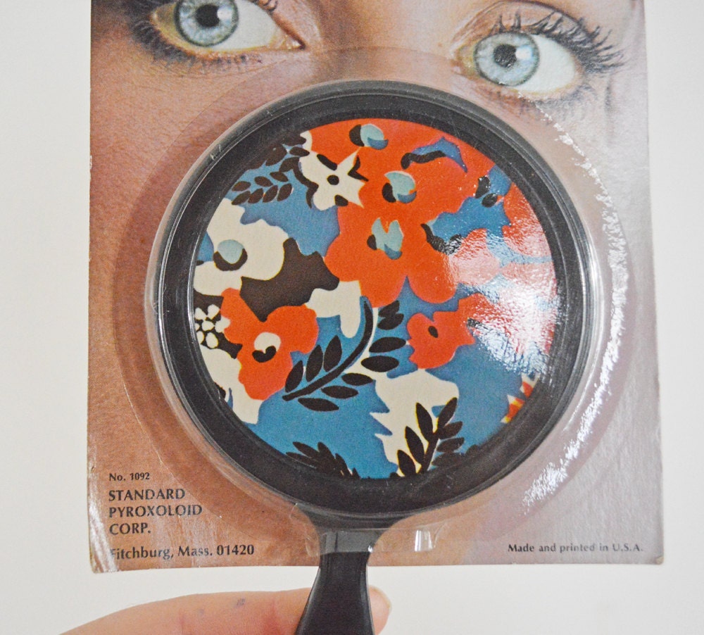 Vintage Pocket Purse Hand Mirror Original Package Princess Flower Black Red Blue White Standard Pyroxoloid Retro Pattern