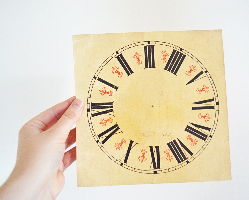 Wonderful Vintage Paper Clock Face Red Black Roman Numeral Cream White Steampunk Victorian Ornate Print