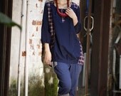 Double face/elastic waist loose two pockets color matching pants/dark blue and light grey/custom made