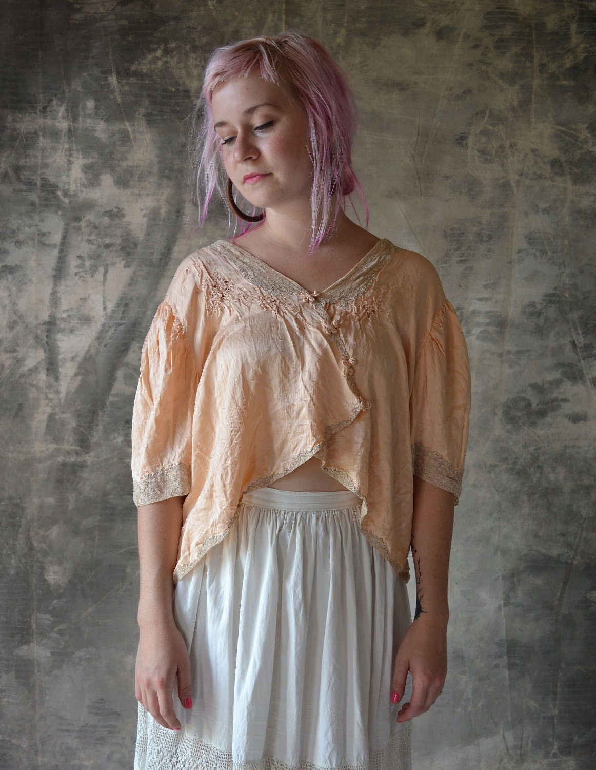 1940s Peach Pink Silk and Lace Blouse