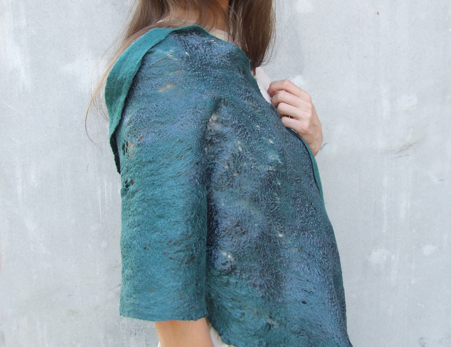 Teal cobweb shawl scarf for all seasons felting wool luxury cape wedding bridesmaid idea rustic  winter fashion