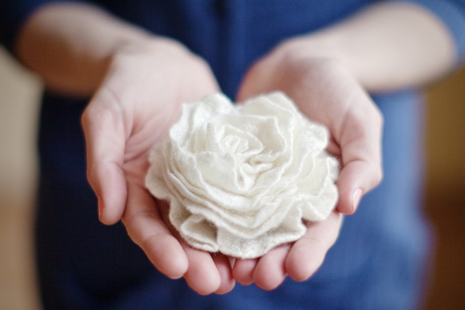 White rose, felted brooch eco friendly soft flower cream blue Wedding bridesmaid spring fashion pastel