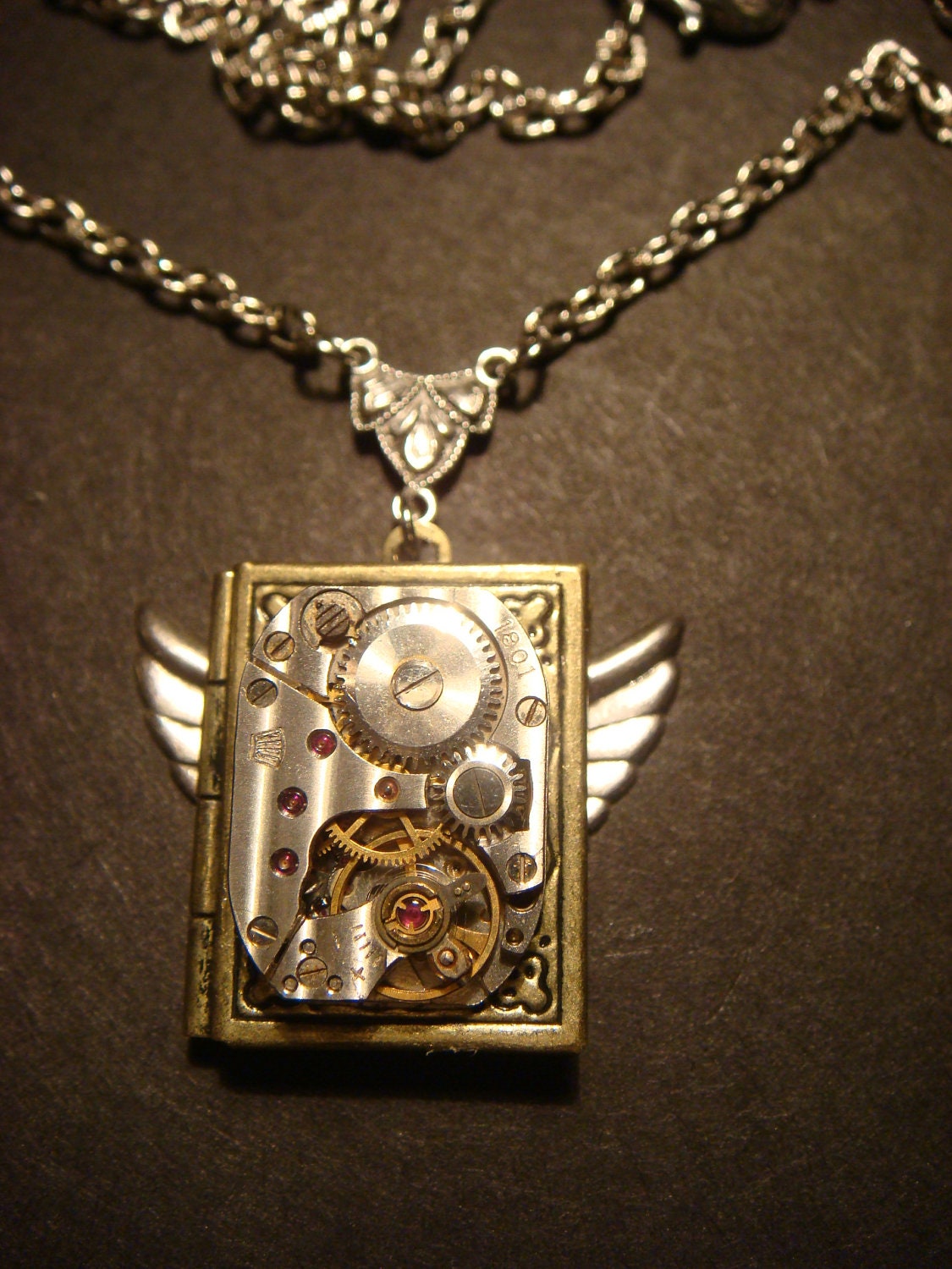 Steampunk Neo Victorian Watch Movement LOCKET Necklace with Wings (621)