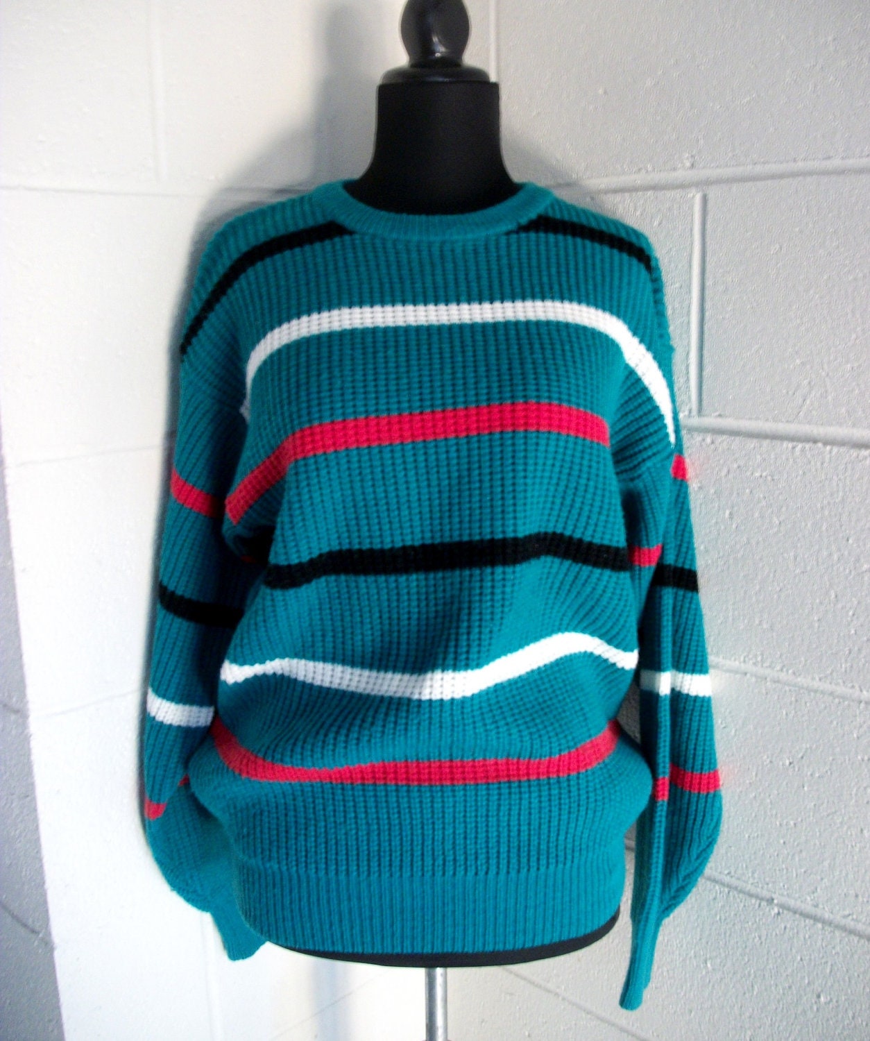Vintage Sweater Turqoise red white black stripes nautical cosby mister man sporty
