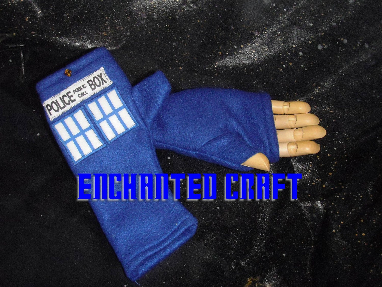 NEW design- Blue Fleece Dr Who fingerless gloves TArdiS Style police box with thumbs