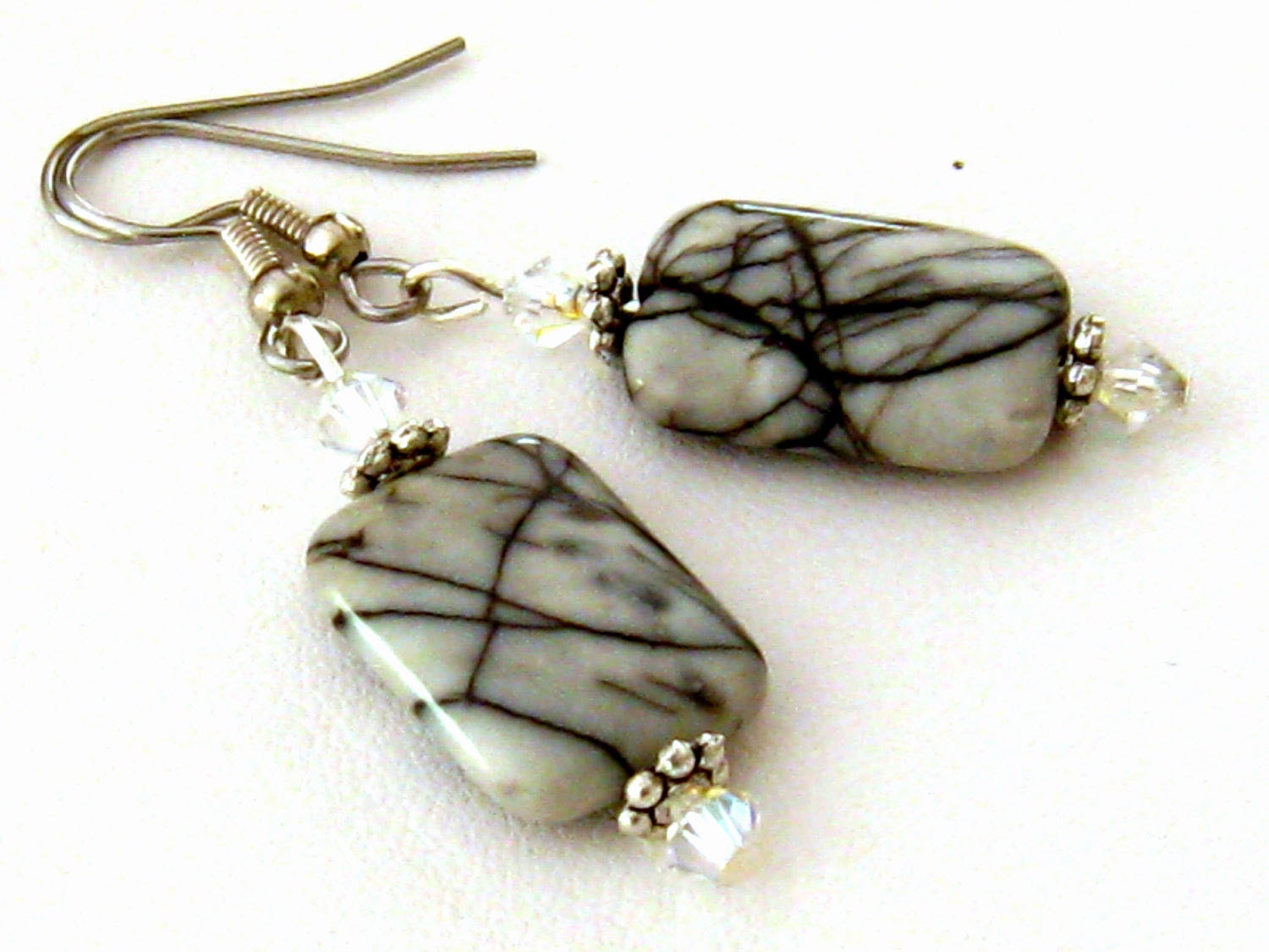 Black Earrings: Zebra Jasper White and Black Stone Earrings, Black Beaded Stone Jewelry