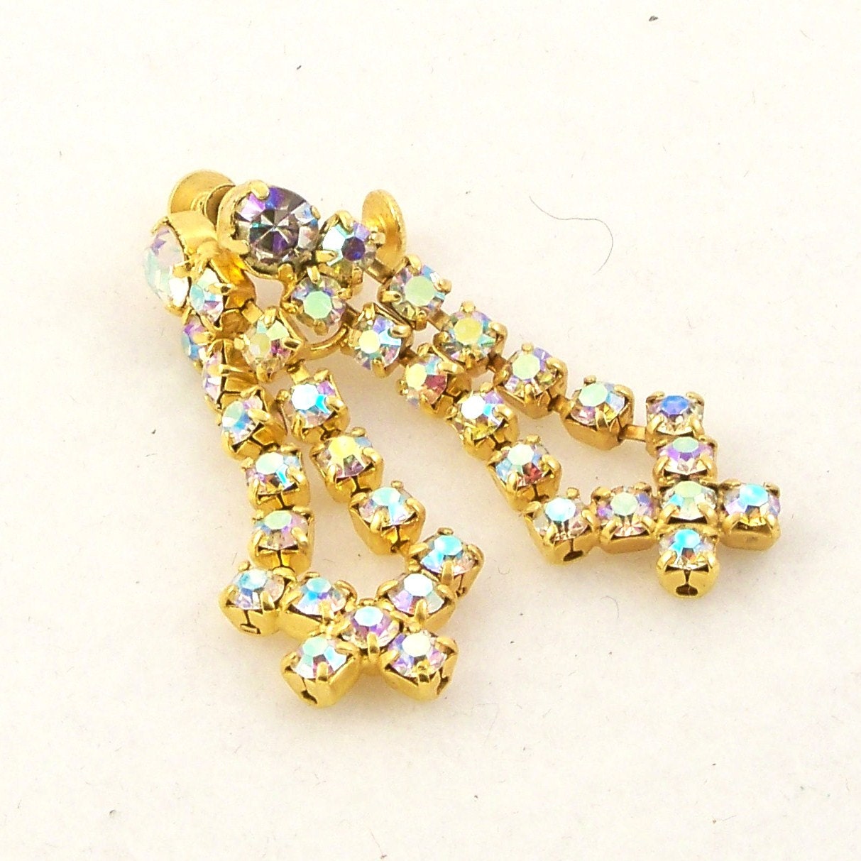Vintage 1960s Earrings Rhinestones Aurora Borealis Gold Drop Screw Backs