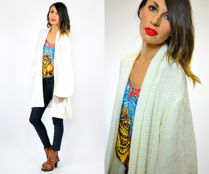nubby BAGGY white bouclé GRUNGE oversized grandpa CARDIGAN duster, extra small-small