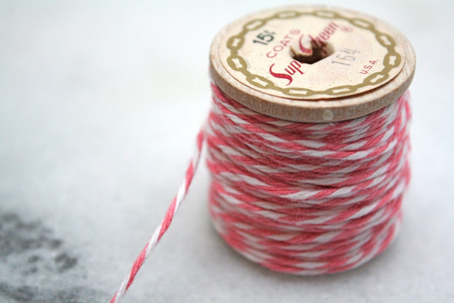 Bakers twine, strawberry pink.  Twinery baker's twine in Strawberry deep pink.  10 yds on a vintage spool.