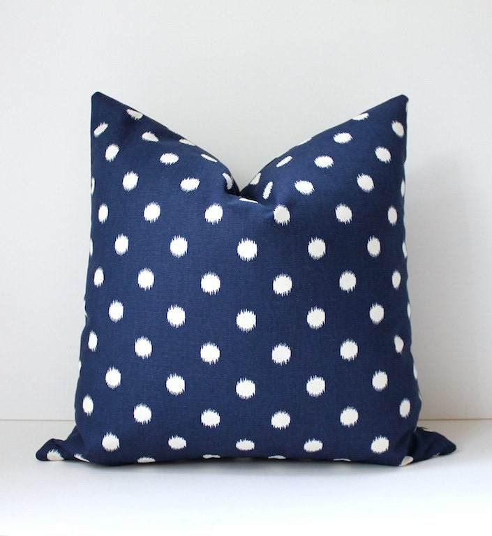 Ikat polka dots Modern Decorative Designer Pillow Cover 18 dark blue navy white Accent Cushion navy spotted spot dot Fall trend