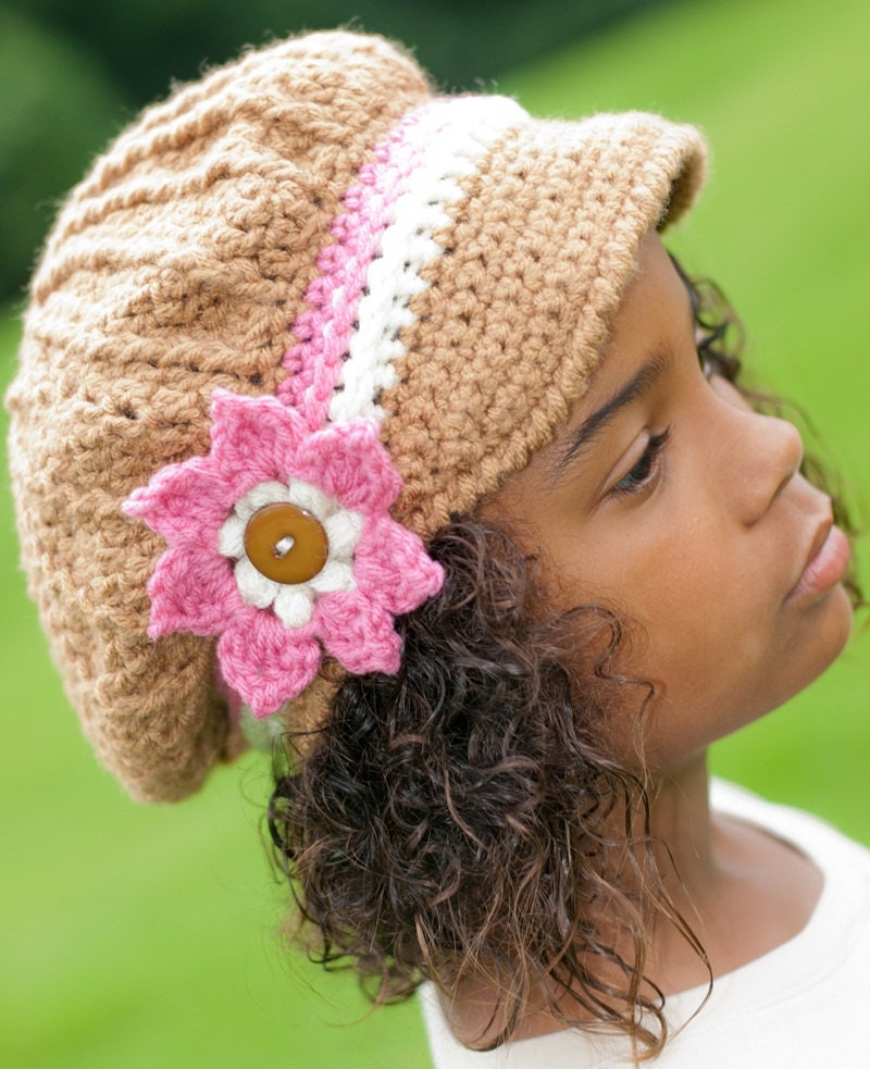Crochet Newsboy Hat, Newsboy Hat with Flower Crochet Newsgirl Hat, Photo Prop Hat, MADE TO ORDER, Sizes Teen and Adult