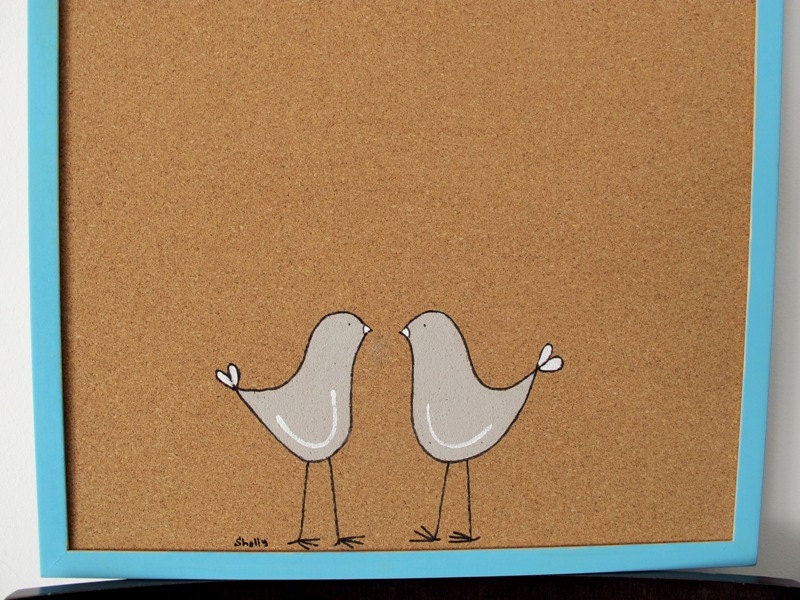 Cork Board-Grey love birds with blue frame- Children blue hand painted message board, Bulletin Board, office  memo board