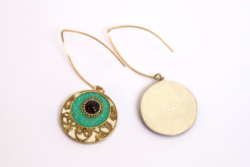 Garnet earrings - Sterling silver earrings inlaid with red garnet gems and decorated with filigree - gold filled hooks - Turquoise dark red