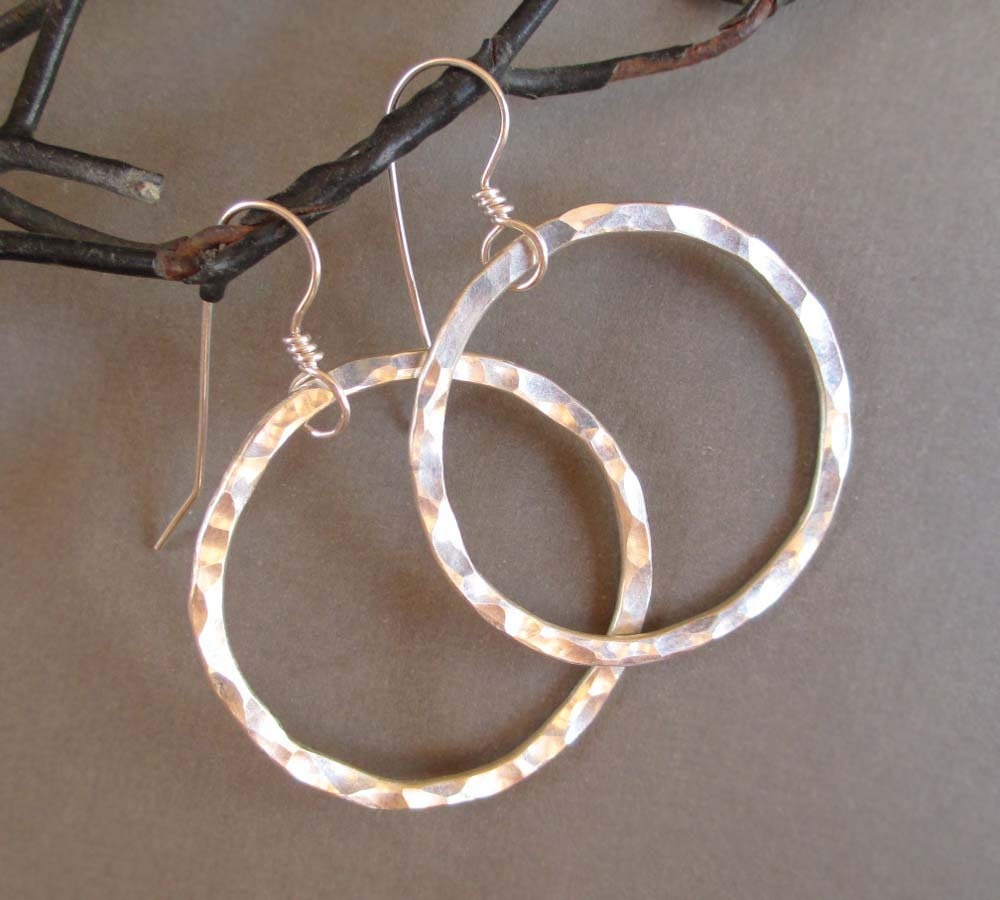 Hammered Sterling Silver Hoop Earrings Artisan Handmade Modern Jewelry