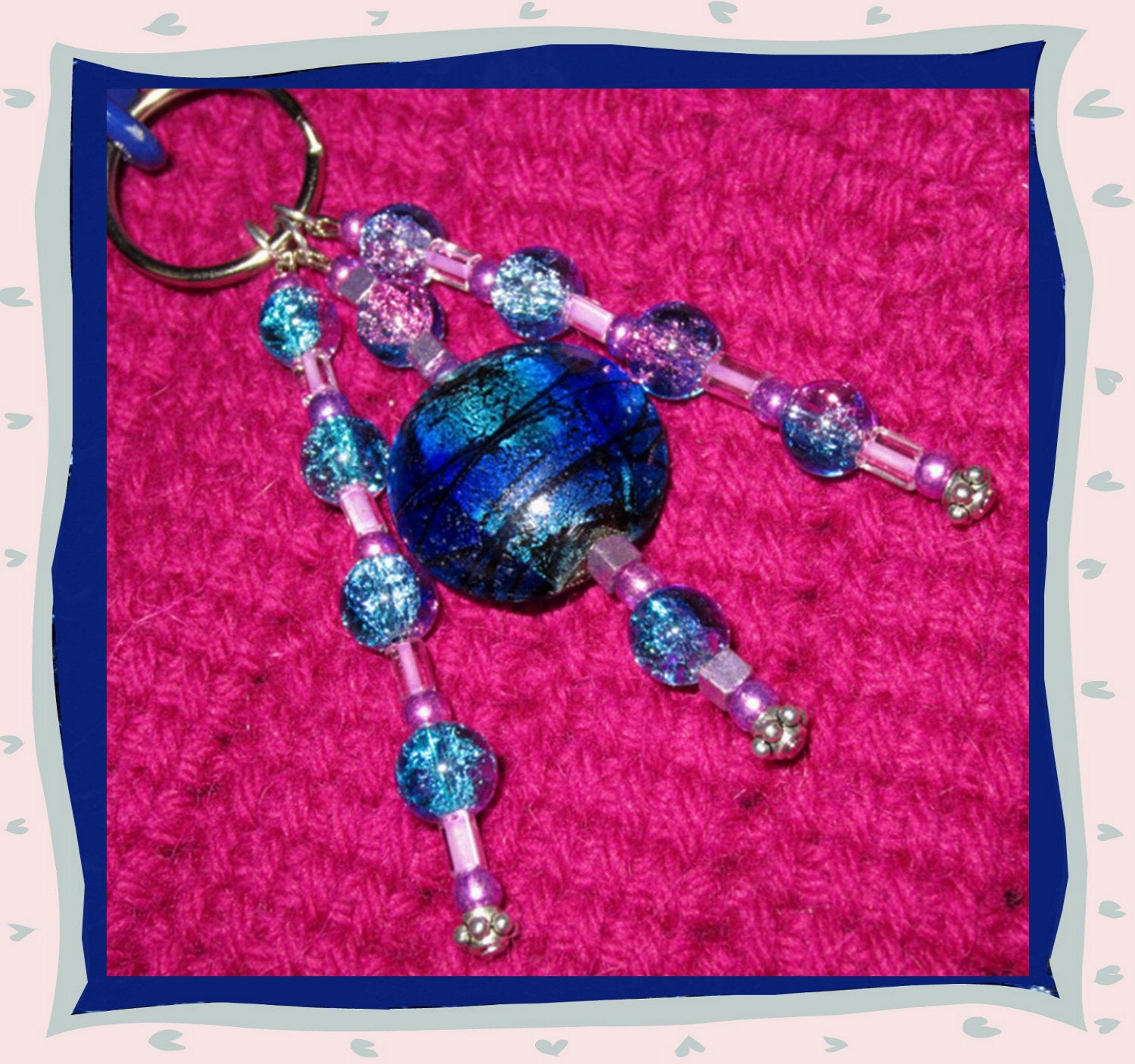 Artistic Jewelry,Handmade Original Jewelry, ,Colorful Blue And Purple Beaded Keychain With 2 Hanging Side Beads