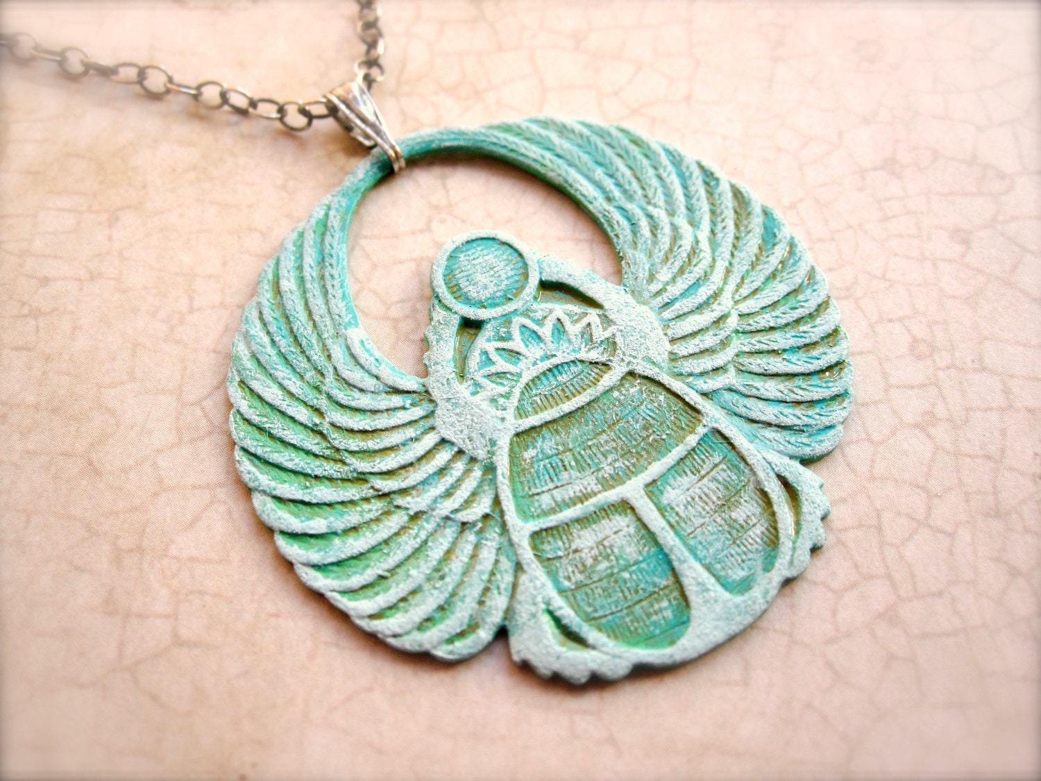 Scarab Necklace - Sterling Silver - Egyptian - Gift Under 50 - Green - Turquoise - Elegant