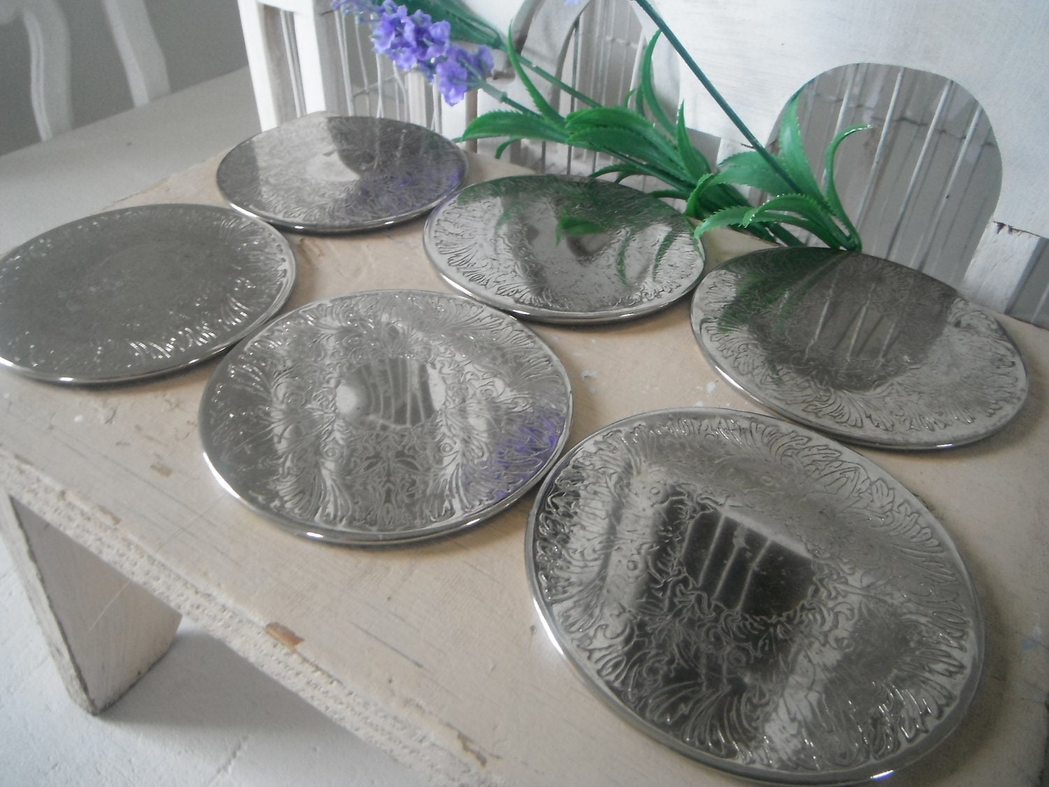 6 piece silver plated coaster set with holder patterned coasters shabby chic ornate coasters french country vintage tablewares