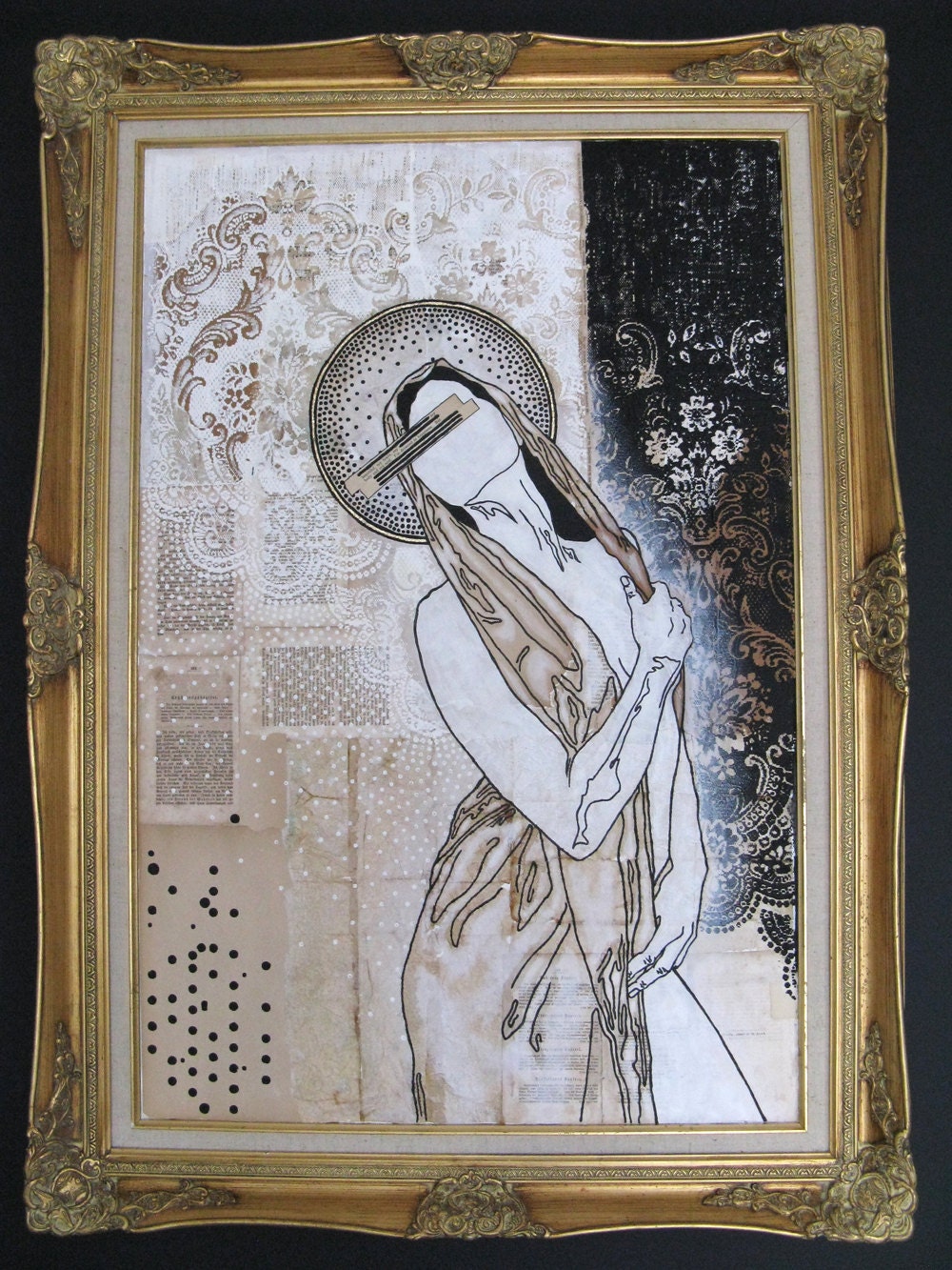large mixed media painting.  abstract modern icon.  36"x48".  our lady of no fears.