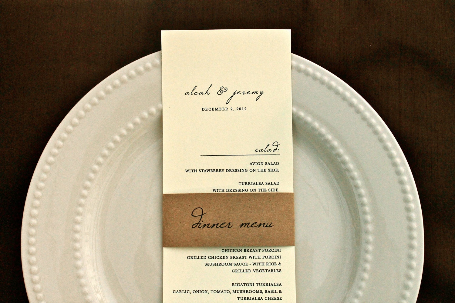 Rustic wedding dinner menu - vintage menu