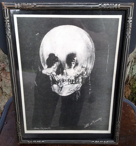Vintage Charles Allan Gilbert 'ALL IS VANITY' Woman in Skull Macabre Print Original Art Deco Frame