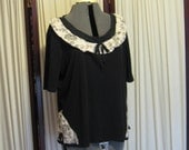 Reconstructed Recycled EcoFriendly Ladies' Plus Size Top Black 2X Embellished with White/Black Indian Cotton Fabric