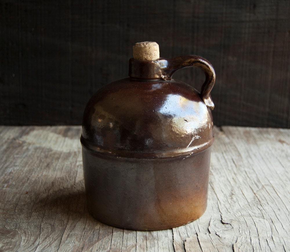 Vintage Pottery Jug- Rustic Brown Ceramic with Cork