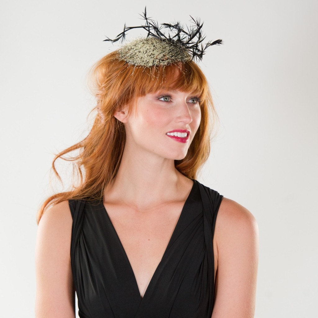 Cocktail Party Fascinator- Snake Skin Print with Feather Twigs