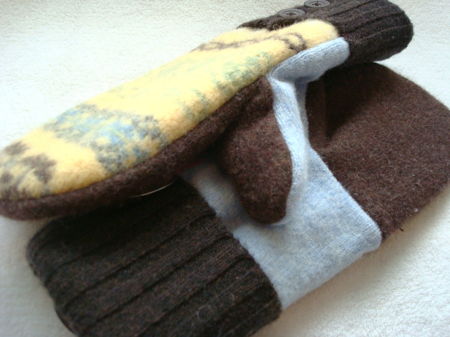 Felted Wool Mittens YELLOW BROWN Fair Isle Sweater Wool, Cashmere Lined by WormeWoole