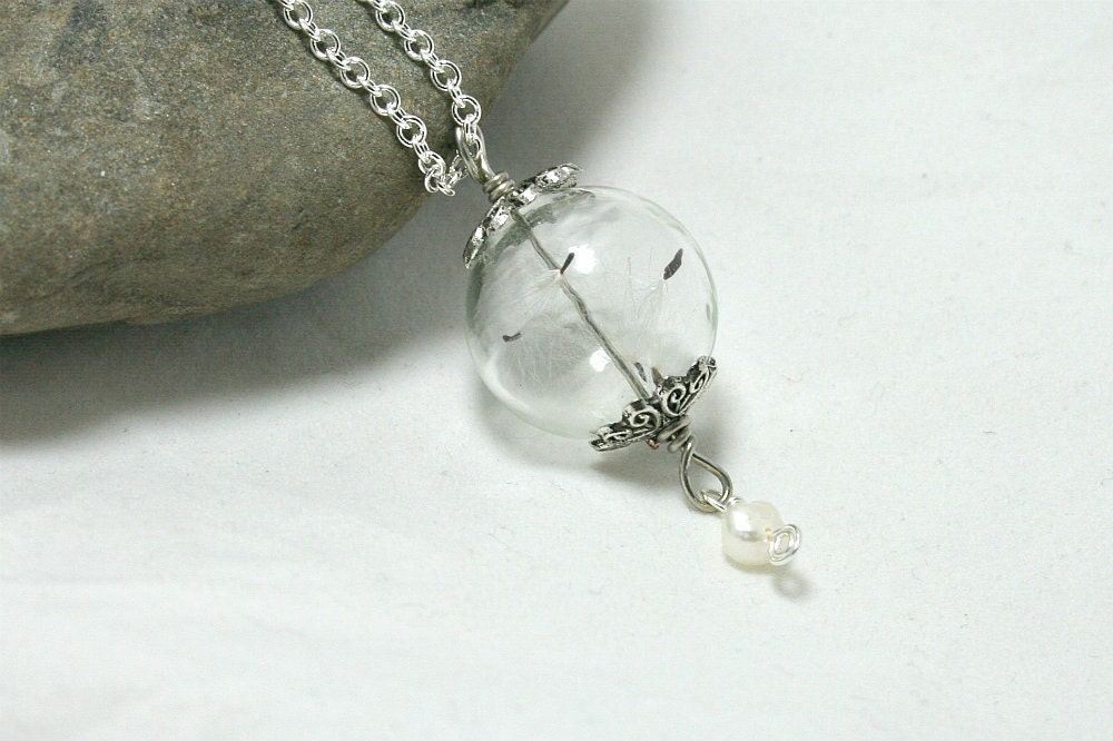Dandelion Seeds Clear Glass Orb Necklace, silver with a fresh water pearl wishing bottle, make a wish