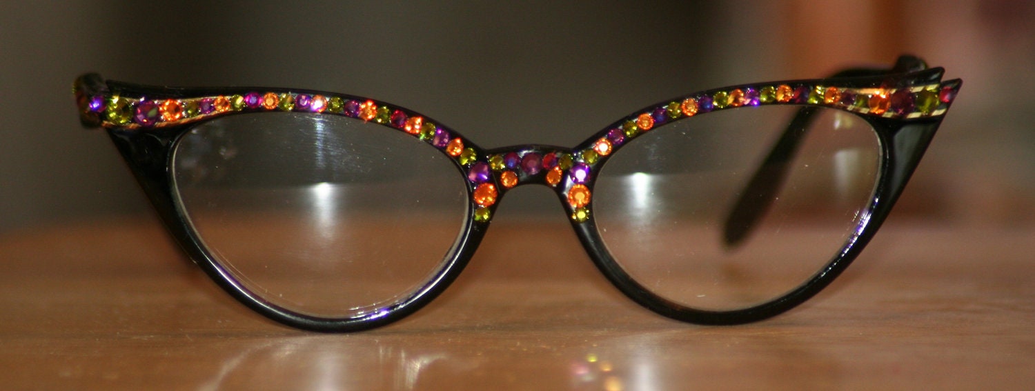 Fashionable Halloween Glasses, Cat Style Bling Eyewear, Swarovski Crystals in Orange, Purple & Green, Black Frames, Prescription Ready