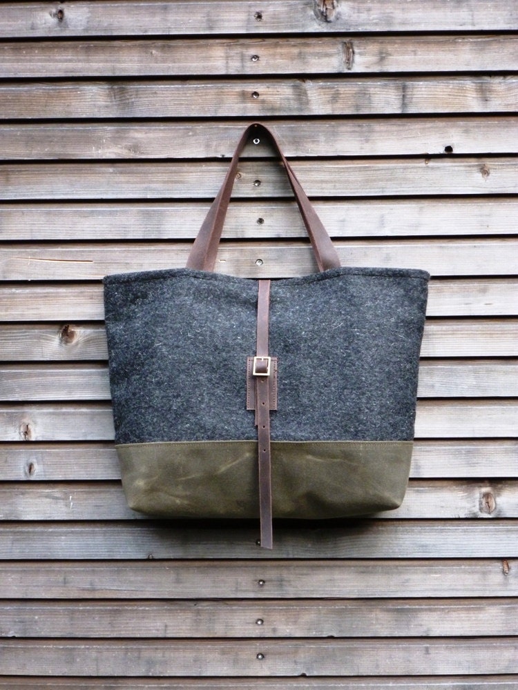 Wool tote bag with waxed leather handles and waxed canvas bottom UNISEX