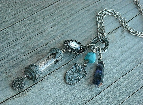 Memento Mori, Bottle Necklace, Vial Necklace, Charm Necklace, Found Objects, Steampunk, Amethyst, Turquoise,