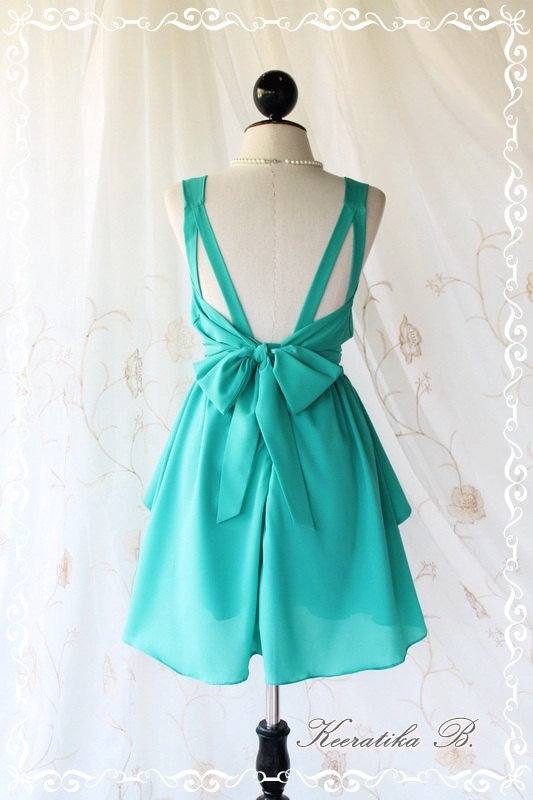 A Party V Shape - Cocktail Prom Party Dinner Wedding Night Backless Dress Mint Blue Full Lined Back Bow Tie Sexy Charming Looks