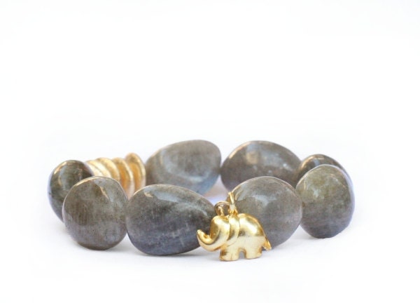 Sale... the lucky elephant GOOD LUCK ELEPHANT Charm Bracelet with Labradorite and Handcrafted 24k Gold Vermeil  Hill Tribe Elephant