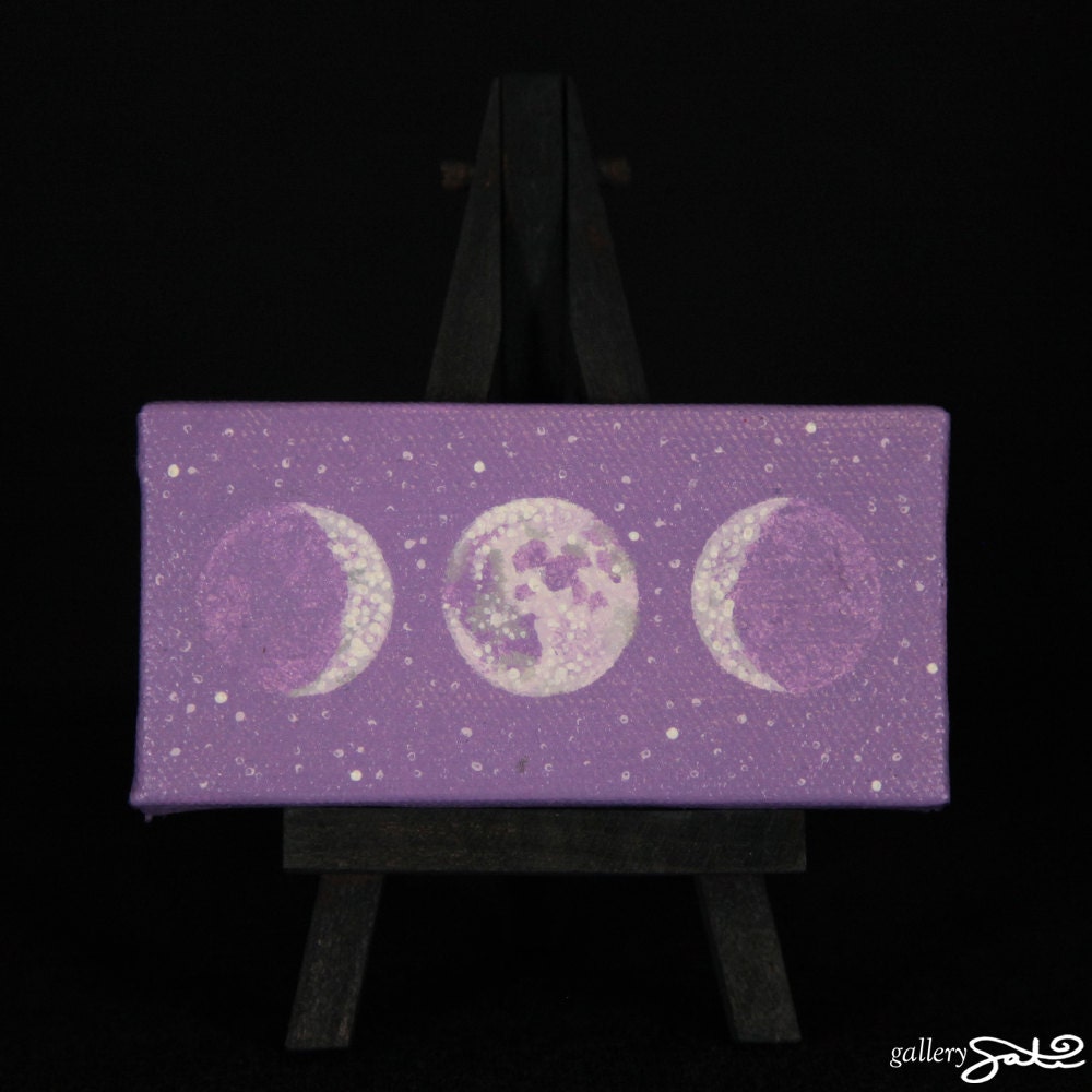 Violet Sacred Feminine Moon, 2" x 4" Oil Painting, Comes with mini black easel and magnet strips on back