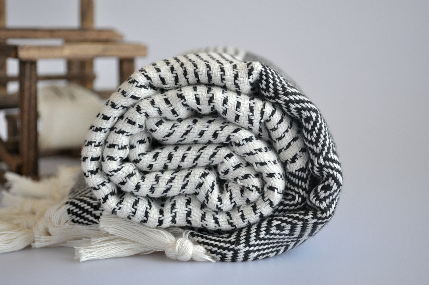 TurKish Bath Towel -  Cotton Peshtemal -Dark Grey - Ivory  - Pure soft - Diamond Style